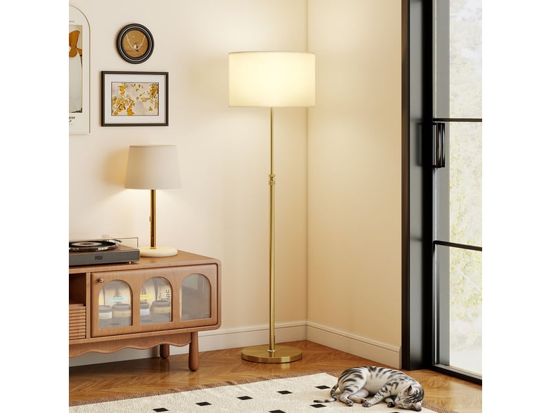  Lampadaire avec télécommande, hauteur réglable, abat-jour en tissu, pied en métal, luminosité réglable, interrupteur au pied, couleur or  - Conforama D
