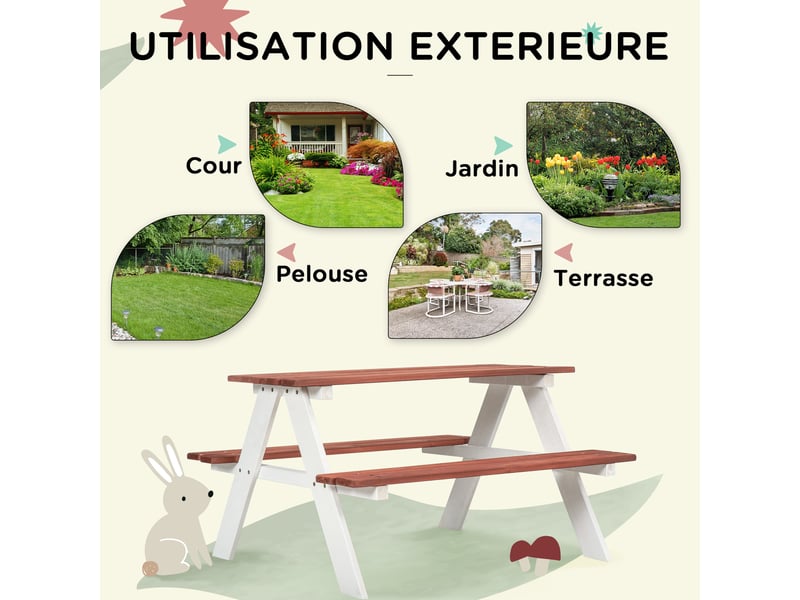 Table de pique-nique pour enfants avec bancs en bois massif table enfant pour le jardin 89 x 79 x 50 cm marron et blanc  - Conforama E