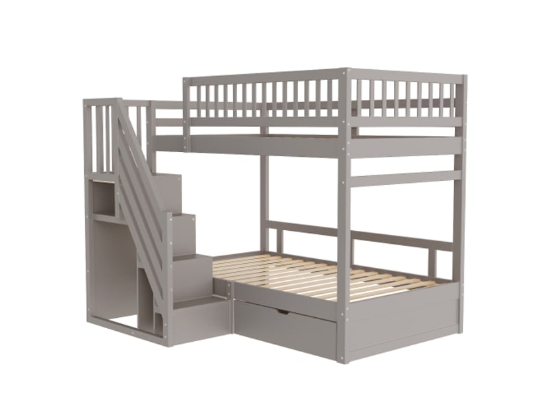 Lit superposé 90x200 cm, lit enfant avec barrière de sécurité haute, tiroirs et échelle de rangement, en bois, gris, sans matelas - Conforama E