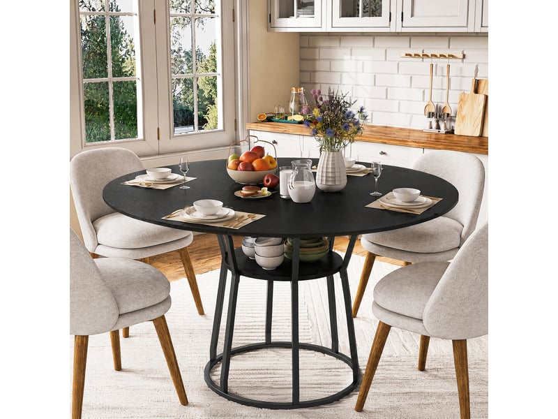  Table à manger ronde 120 cm noir, piètement métal noir, pour 6 personnes, salon ou salle à manger  - Conforama B