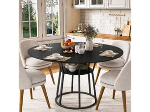 Table à manger ronde 120 cm noir, piètement métal noir, pour 6 personnes, salon ou salle à manger