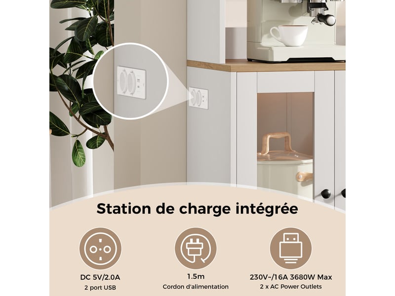 Meuble de cuisine muvano, buffet haut de cuisine avec led, blanc et décor bois, 150 × 40 × 173 cm - Conforama E