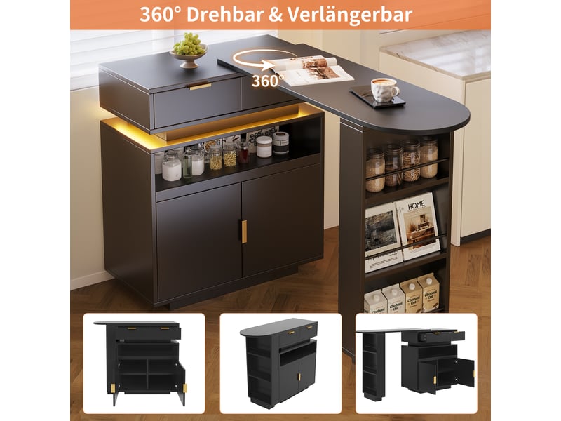 Îlot de cuisine extensible,115-183x40x99,5 cm,avec rangement,mdf,noir - Conforama D