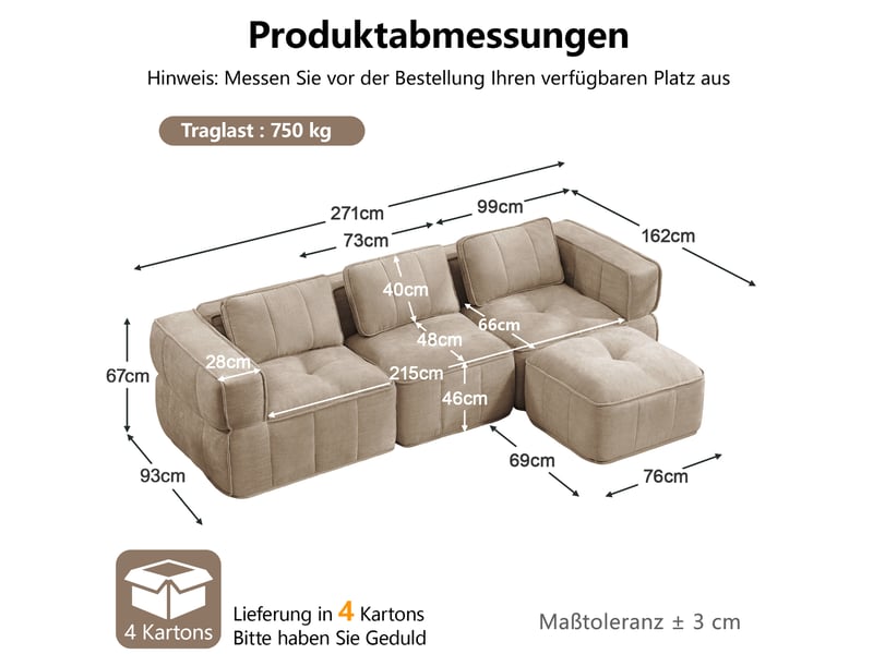  Canapé d'angle modulable 3 places avec pouf, en polyester sable  - Conforama C