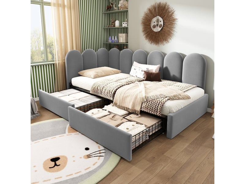  Lit gigogne 90x200 cm, revêtement en velours, coloris gris, 2 tiroirs intégrés, sommier à lattes inclus, matelas non inclus, cadre fonctionnel  - Conforama B