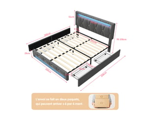 Lit double rembourré - 140x200 cm gris - led rvb variable - 4 tiroirs - tissu en lin - meuble de chambre moderne et confortable avec rangement