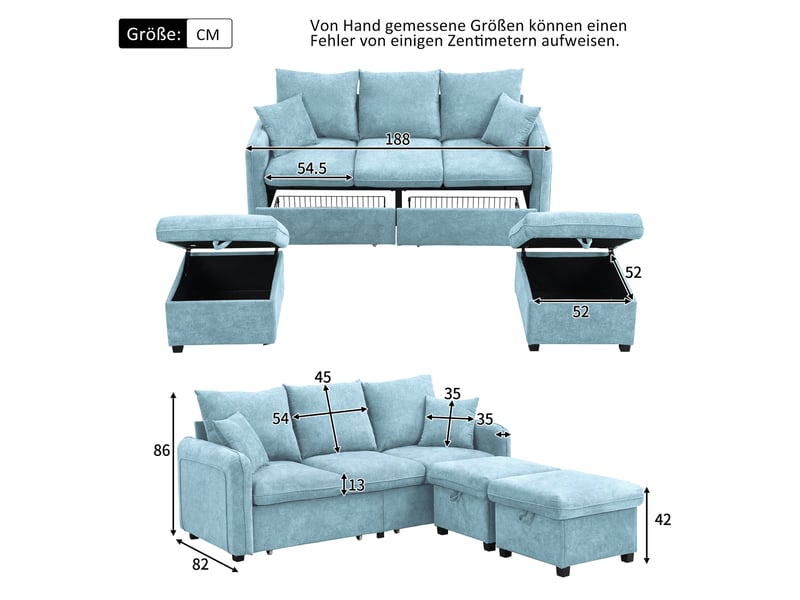  Canapé d’angle en u 3 places 188x186x86 cm convertible avec tiroirs, pouf coffre, modules séparables, chenille, bleu Sol Morn - Conforama C