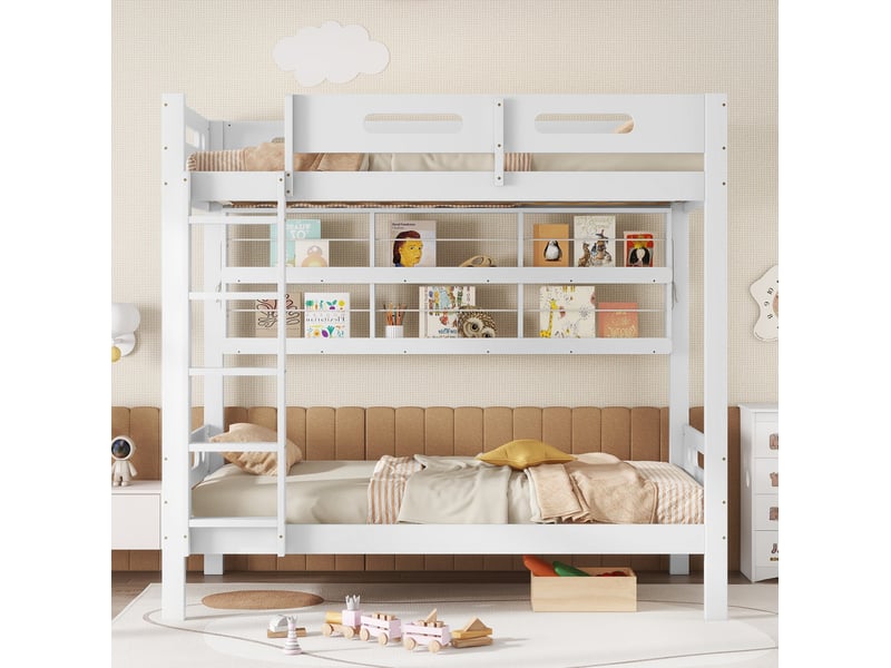 Lit superposé enfant blanc 90 x 200 cm avec étagères ouvertes et échelle 5 marches - Conforama D