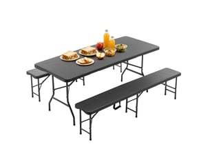Table de pique-nique pliante avec 2 bancs 180 x 74 cm noire, plateau hdpe, pour 6 personnes en extérieur