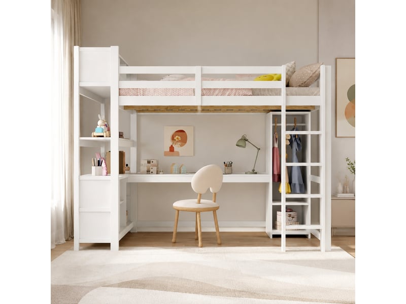  Lit mezzanine enfant 140 x 200 cm avec bureau, rangements et armoire blanc  - Conforama B