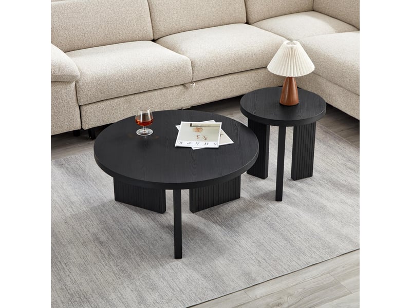  Set de 2 tables basses rondes en mdf noir, structure à rainures verticales  - Conforama C