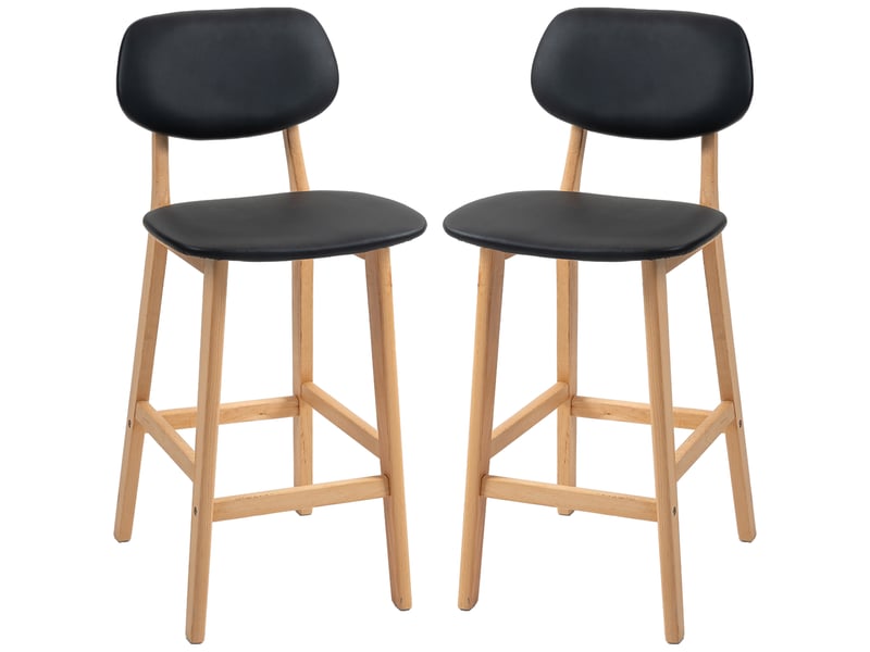  Lot de 2 tabourets de bar, chaises hautes, revêtement synthétique avec dossier et pieds en bois, noir  - Conforama B