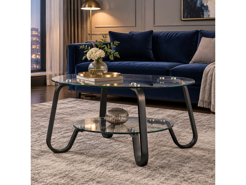  Table basse ronde industrielle noire – structure métal et double plateau en verre trempé – ø 80 x h 45 cm  - Conforama B