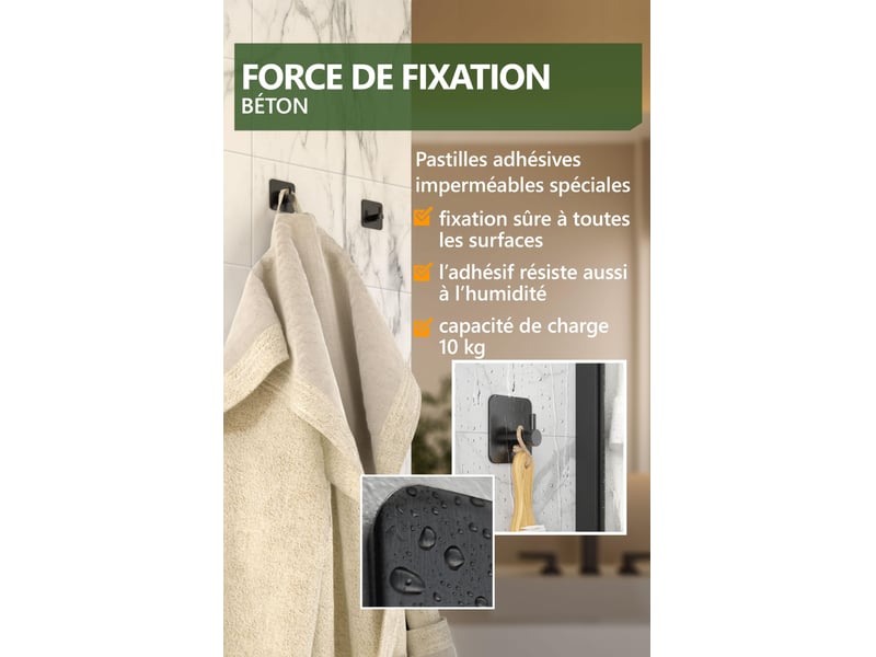  Crochet adhésif mural noir 6 pièces - porte serviette salle de bain, accroche torchon cuisine, portemanteau autocollant acier inox  - Conforama E