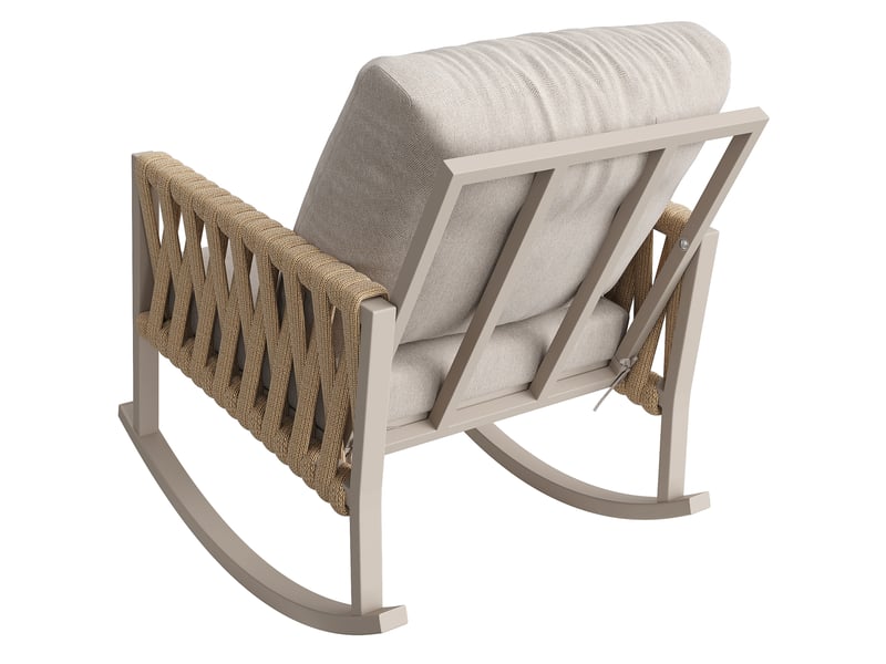 Fauteuil à bascule de jardin 65x79x78 cm avec tressage corde croisée, coussins confortables, structure métal, beige  - Conforama E