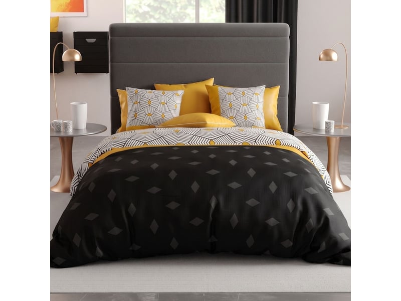  Parure housse de couette 240x220cm + 2 taies motif graphique jaune et noir 100% coton - farandole FARANDOLE - Conforama A