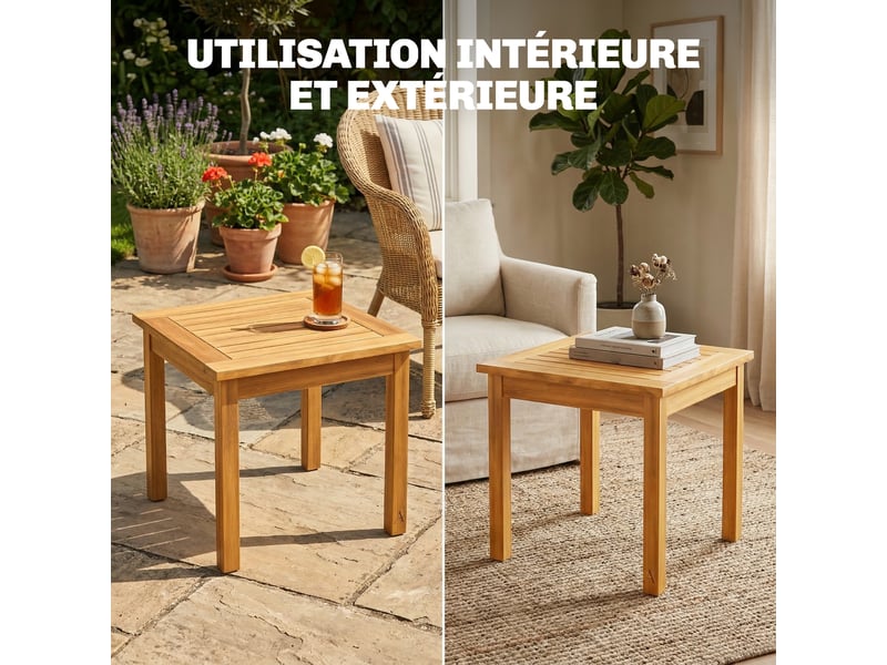  Table basse de jardin carrée en bois d'acacia massif, avec plateau à lattes, pieds réglables, naturel, 48x48x46cm  - Conforama R