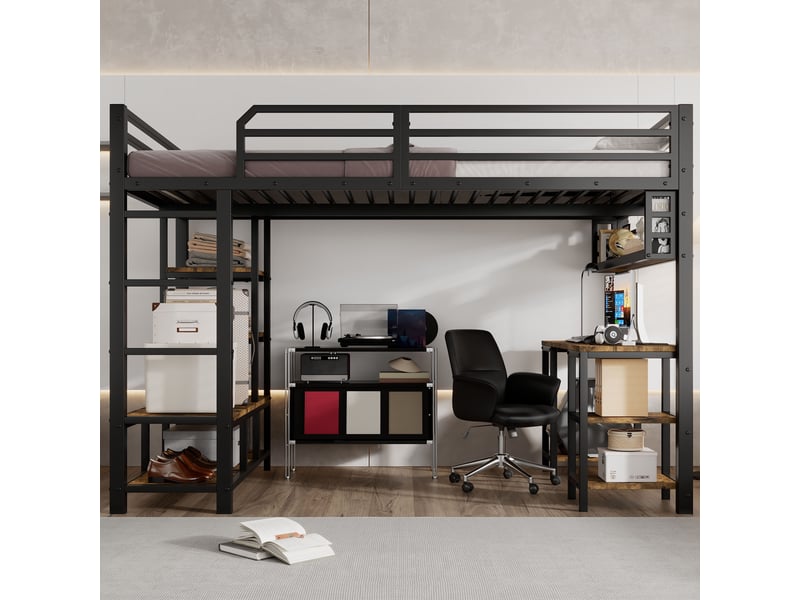  Lit mezzanine 120x200 cm avec bureau et étagères intégrés, lit surélevé pour chambre enfant et adolescent, avec échelle à 4 marches, noir  - Conforama C