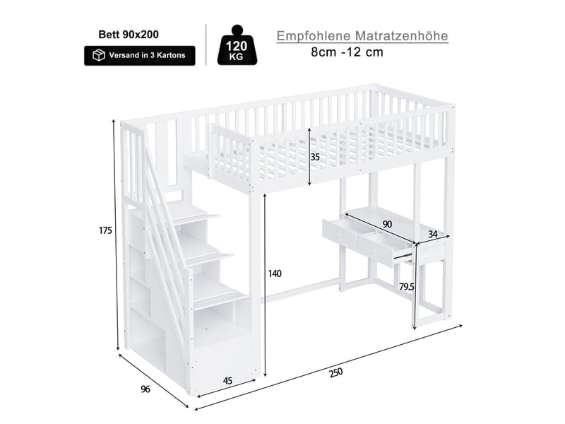  Lit mezzanine 90x200cm avec bureau multifonction et escalier de rangement - lit simple - gain de place, bois de pin massif, blanc  - Conforama C