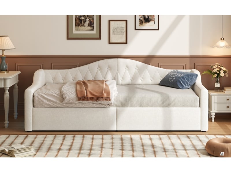  Lit gigogne simple 90 x 200 cm, lit de repos rembourré avec bande led et rangement en dessous, lit 1 personne, beige  - Conforama R