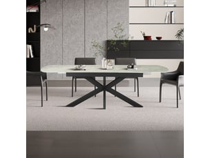Hestia - table extensible rectangulaire en pierre frittée beige pieds en métal noir 180-220 cm