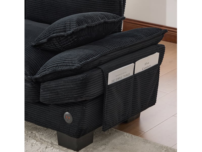  Canapé droit modulaire 3 places en velours côtelé noir avec 2 poufs de rangement, usb-c et poches latérales  - Conforama D