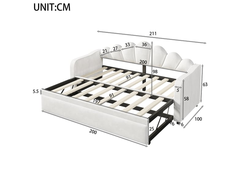  Lit gigogne 90x200 cm avec éclairage led, revêtement en velours blanc  - Conforama E