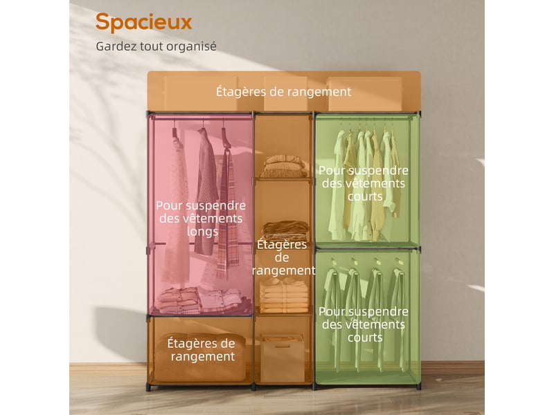  Armoire penderie en tissu 8 étagères et tringles noir 182 x 43 x 185 cm  - Conforama E
