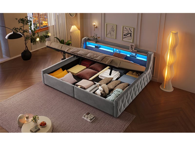  Lit rangement 140 x 200 cm lit double rangement hydraulique structure plateforme revêtement velours éclairage led finition grise  - Conforama E