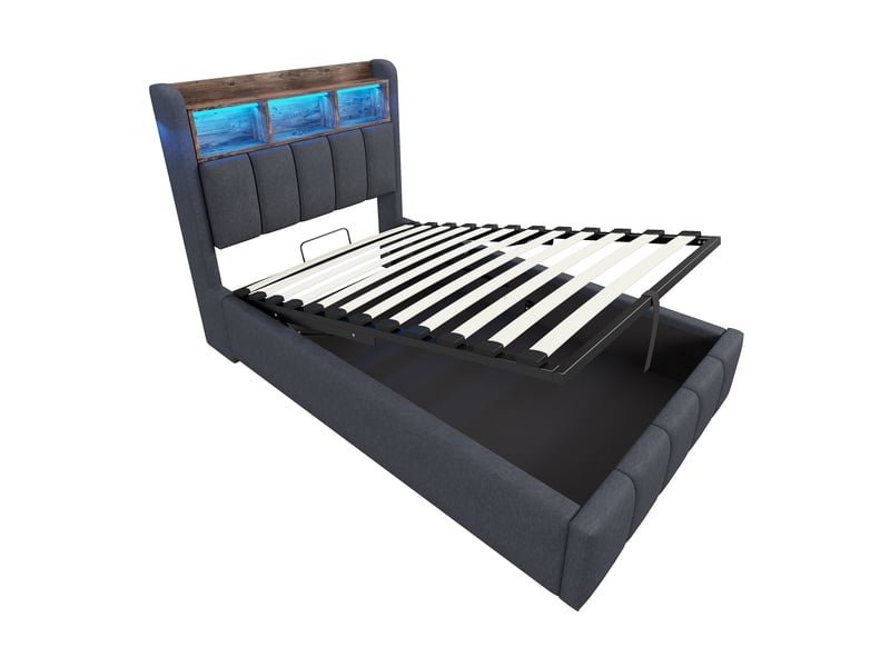  Lit coffre 90x200 cm avec éclairage led, port usb et tête de lit avec rangements - gris  - Conforama E