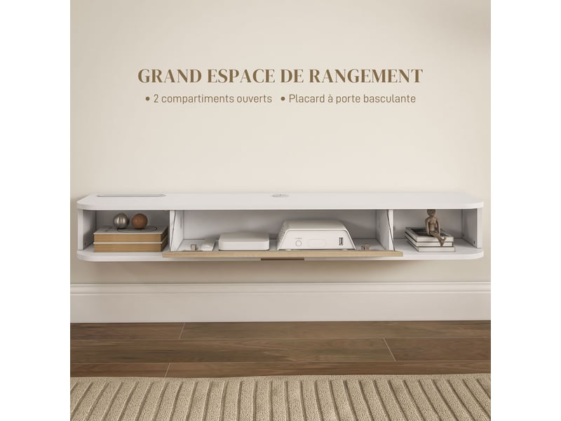  Meuble tv mural banc tv jusqu'à 50 pouces avec armoire à porte rabattable blanc et compartiments ouverts  - Conforama E