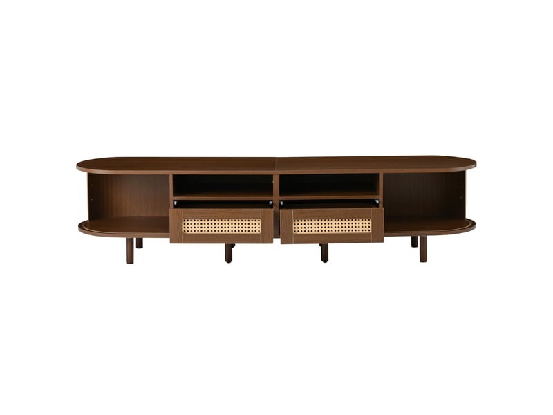  Meuble tv ovale meuble tele bas avec 2 tiroirs, 2 portes coulissantes, rangement mdf décor bois foncé, 170x40x40 cm  - Conforama R