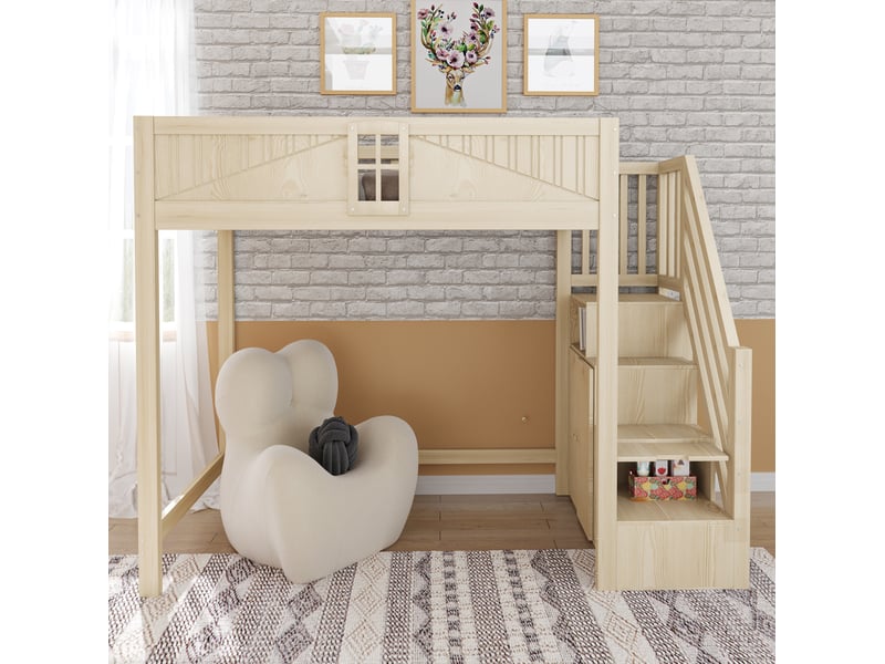  Lit mezzanine 90 x 200 cm en bois, échelle latérale réversible avec rangement  - Conforama E