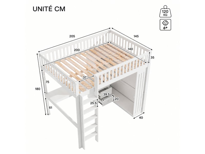 Lit mezzanine 140 x 200 cm avec bureau, armoire et 3 tiroirs, en pin et mdf blanc, sans matelas  - Conforama C