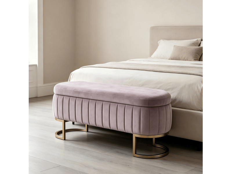  Banc coffre en velours rose 129,5 x 42 x 46 cm, pieds en métal doré et rangement intérieur pour chambre  - Conforama B