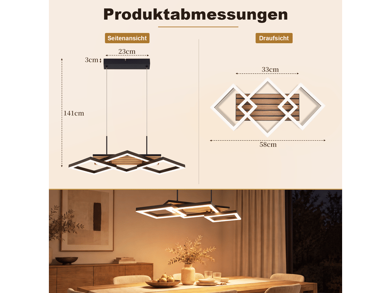  Zmh suspension led pour table à manger suspendue noire 58 cm 21 w suspension moderne blanc chaud  - Conforama E