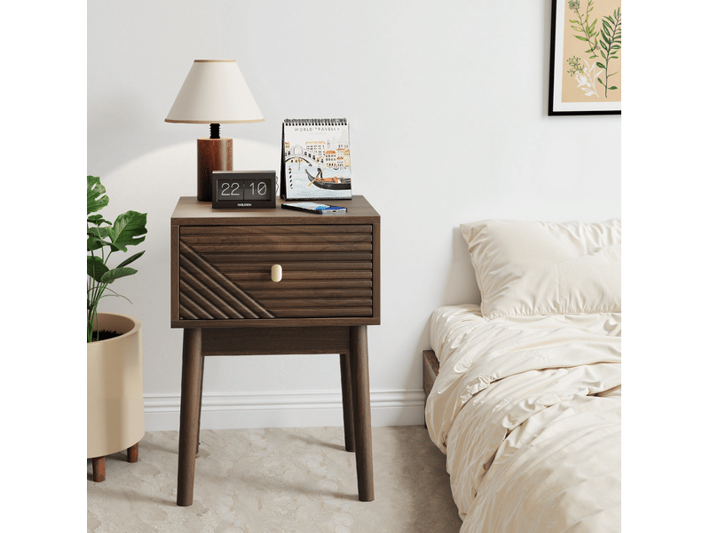  Table de chevet lot de 2 avec 1 tiroir, poignées métalliques et pieds hauts, style moderne noyer foncé 40 × 40 × 55 cm  - Conforama D