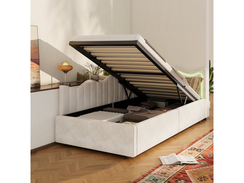  Lit enfant 90x200, tête de lit ondulée, mécanisme hydraulique, bande lumineuse led, velours beige, facile à monter  - Conforama D