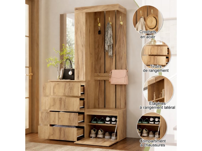 Vestiaire d’entrée avec miroir, 4 tiroirs, 1 porte, naturel, 100 x 35 x 180 cm - Conforama D