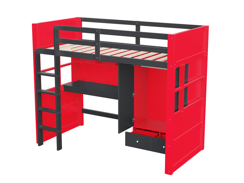 Lit mezzanine enfant 90x200 cm – noir et rouge – bureau, armoire, tiroir, led, prises – sans matelas - Conforama D
