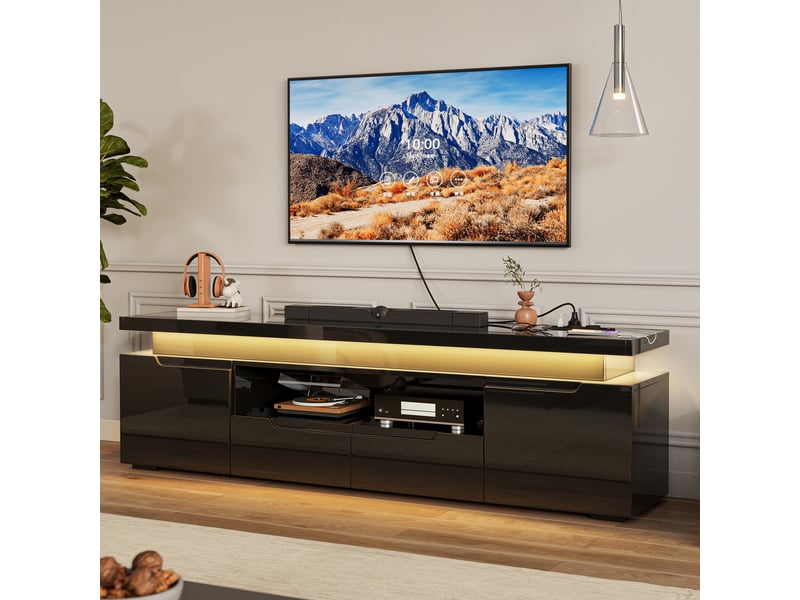 Meuble tv - 180x35x52cm - brillant haute brillance avec led rgb, 2 tiroirs, 2 portes pour tv jusqu'à 75 pouces - noir  - Conforama C