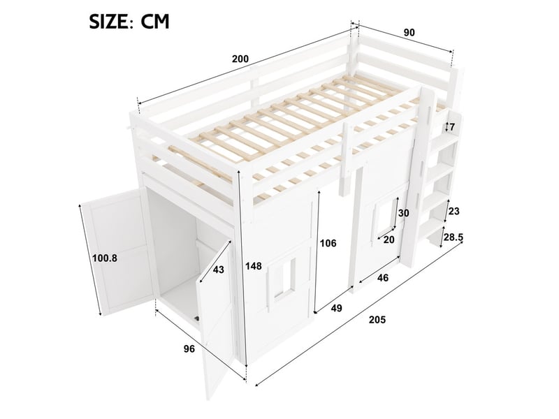 Lit mezzanine en bois, 90 x 200 cm, avec armoire intégrée, 2 fenêtres et éclairage led, blanc  - Conforama C