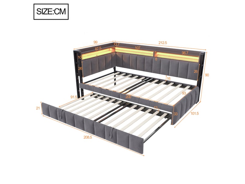  Lit banquette 90x200 cm éclairage led usb et usb-c sommier à lattes velours lit gigogne gain de place gris foncé OPULERANE TRADING LTD - Conforama D
