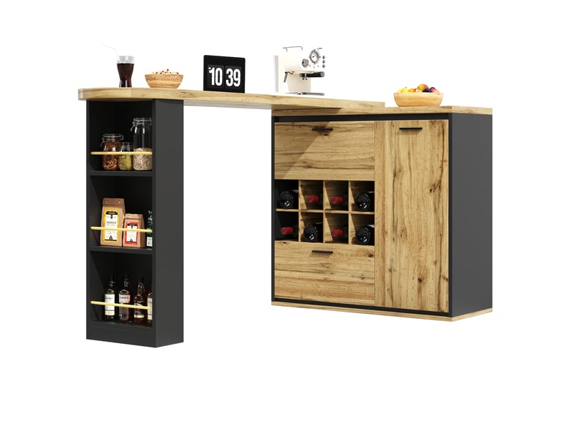  Table extensible 138-220x39x105 cm avec rangement intégré, tiroirs et range-bouteilles, mdf, métal, effet bois  - Conforama A