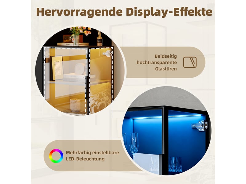  Vitrine à double vitrage, 70x38x160 cm, étagères coulissantes, éclairage led, armoire haut de rangement, noir  - Conforama D