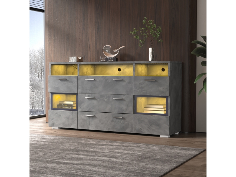 Buffet 140 cm en panneaux de particules avec led et portes en acrylique gris chicfurn  - Conforama E