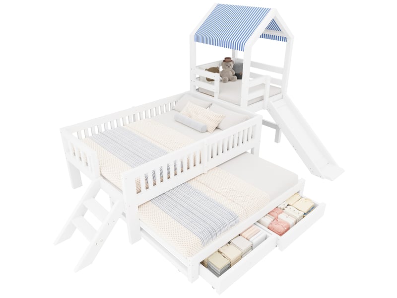  Lit cabane enfant 90 × 200 cm avec lit gigogne 90 × 190 cm, toboggan, escalier et tiroirs, sans matelas, blanc  - Conforama A