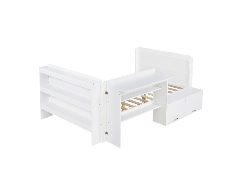 Lit en bois 120x200 cm avec bureau et rangements, lit fonctionnel blanc avec compartiment rabattable, pied de lit ouvert, module latéral réversible (gauchedroite), lit enfant, lit d'appoint, lit simple - Conforama E