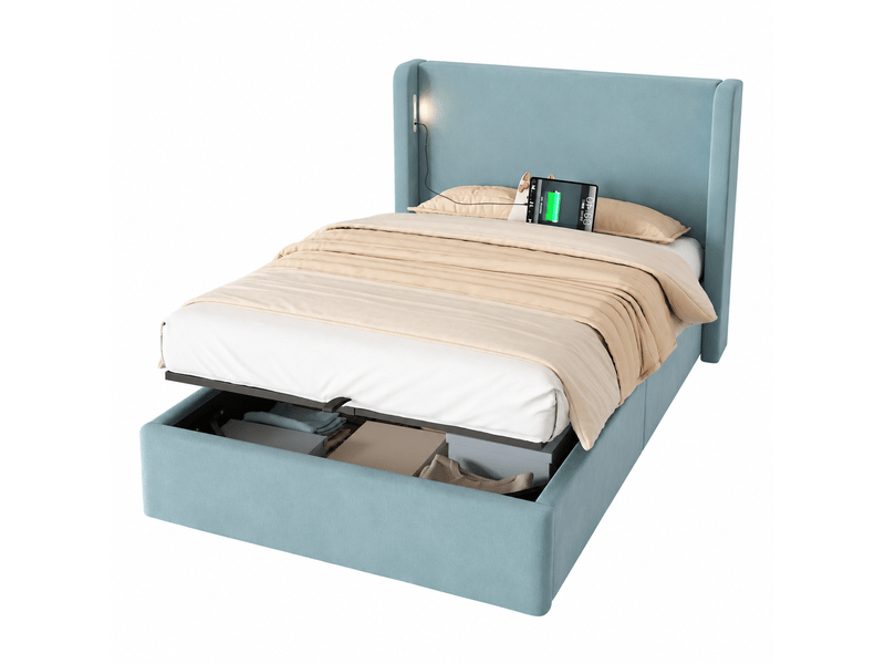 Lit coffre enfant 90 x 200 cm avec rangement hydraulique, sommier à lattes, tête de lit rembourrée, led et usb-c, velours - bleu OMNIGLINT TRADING LTD - Conforama A