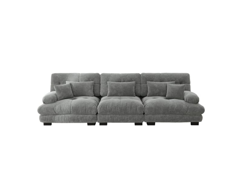  Canapé 3 places, canapé droit avec 3 coussins lombaires et 2 coussins décoratifs, structure en bois, en chenille, gris  - Conforama E
